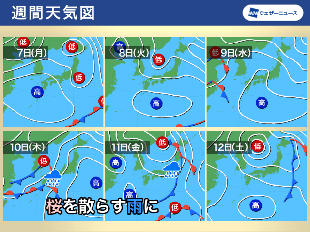 来週後半は全国的に天気の崩れ　関東以西では桜を散らす雨に