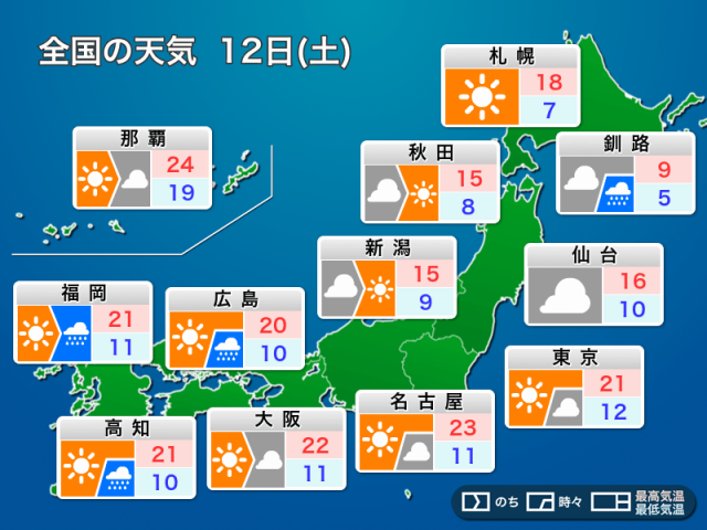明日4月12日(土)の天気予報　西から天気下り坂　関東などは晴れてお花見日和に