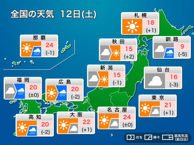 今日4月12日(土)の天気予報　西から天気下り坂　関東などは日差しの活用を