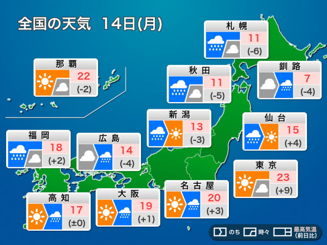 今日4月14日(月)の天気予報　西日本は雷雨やひょうに警戒　北日本も風雨強まる