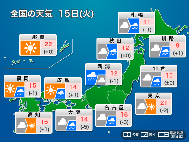 今日4月15日(火)の天気予報　全国的に大気不安定、激しい雷雨に注意