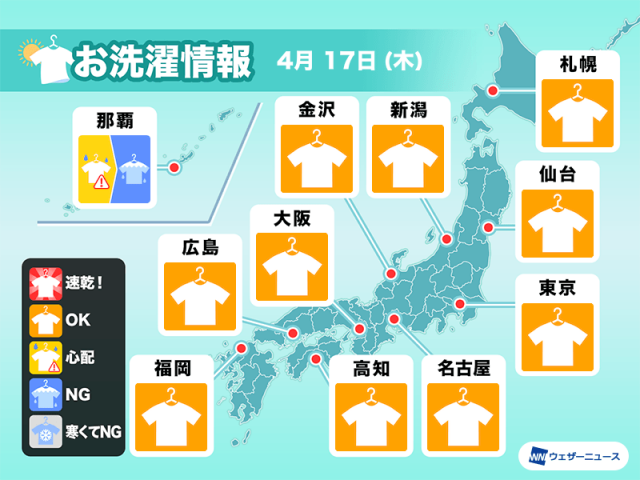 4月17日(木)の洗濯天気予報　西日本や東日本は洗濯日和　大物洗いもOK