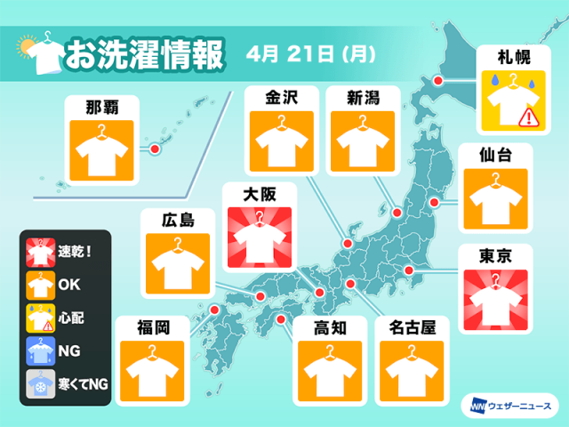 4月21日(月)の洗濯天気予報　気温上がり空気も乾燥　洗濯日和に