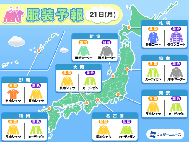 4月21日(月)　各地の気温変化と最適な服装