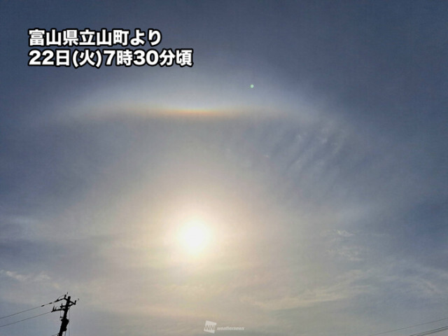 北陸では太陽の上側にアークなどの虹色現象　天気下り坂を示唆