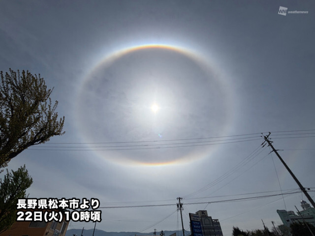 太陽の周りに楕円型の虹色　「外接ハロ」が出現　長野