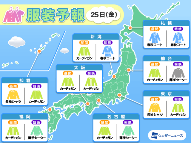 4月25日(金)　各地の気温変化と最適な服装