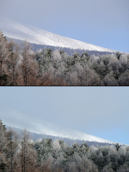 浅間山と霧氷（レンズによる色の違い）